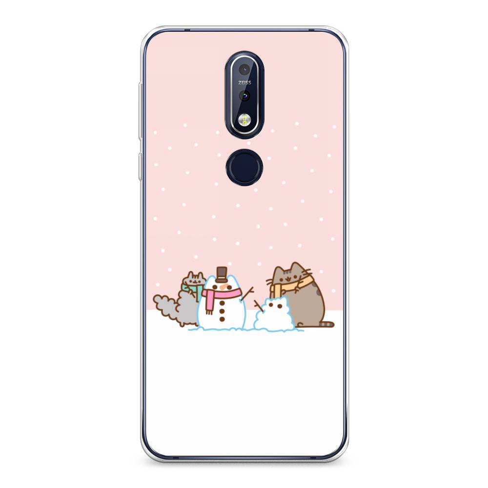 

Чехол на Nokia 7.1 "Котики в снегу", Розовый;белый;серый, 122050-5