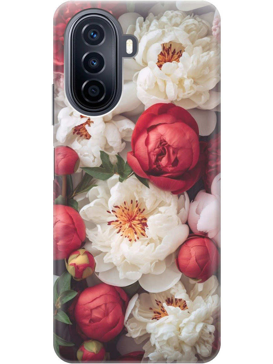 

Силиконовый чехол на Huawei nova Y70 с рисунком "Красно-белые пионы", Белый;красный, 20000923