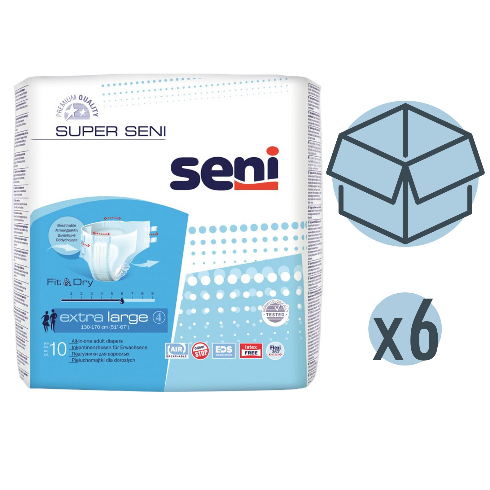 Подгузники для взрослых Seni Super, 130-170 см, XL, 10 шт, 6 упаковок