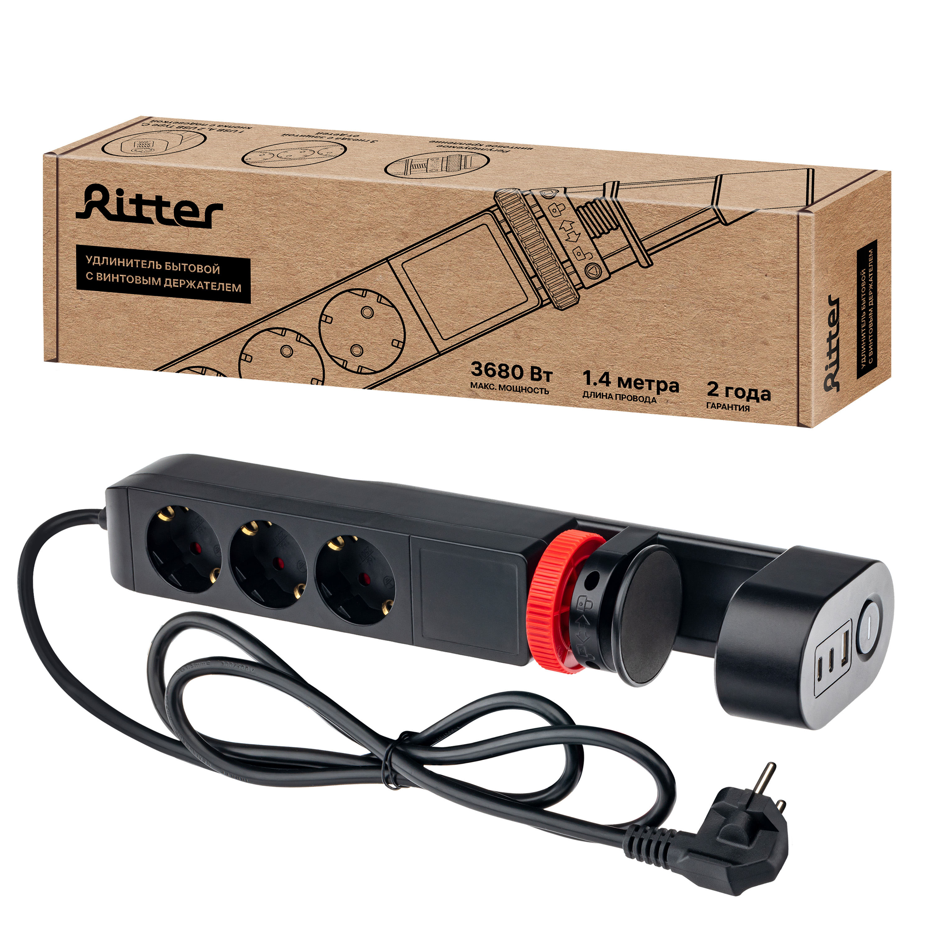 

Удлинитель Ritter 32082 5 1,4м с USB и type-C с креплением к столу