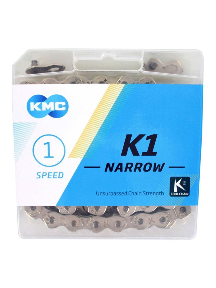 Цепь велосипедная KMC K1 Narrow Silver, для 1-ск. вел-дов, 100 зв., 1/2