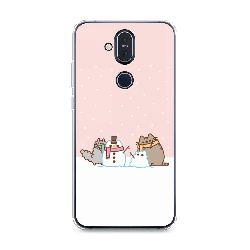 

Чехол на Nokia 8.1 "Котики в снегу", Розовый;белый;серый, 122250-5