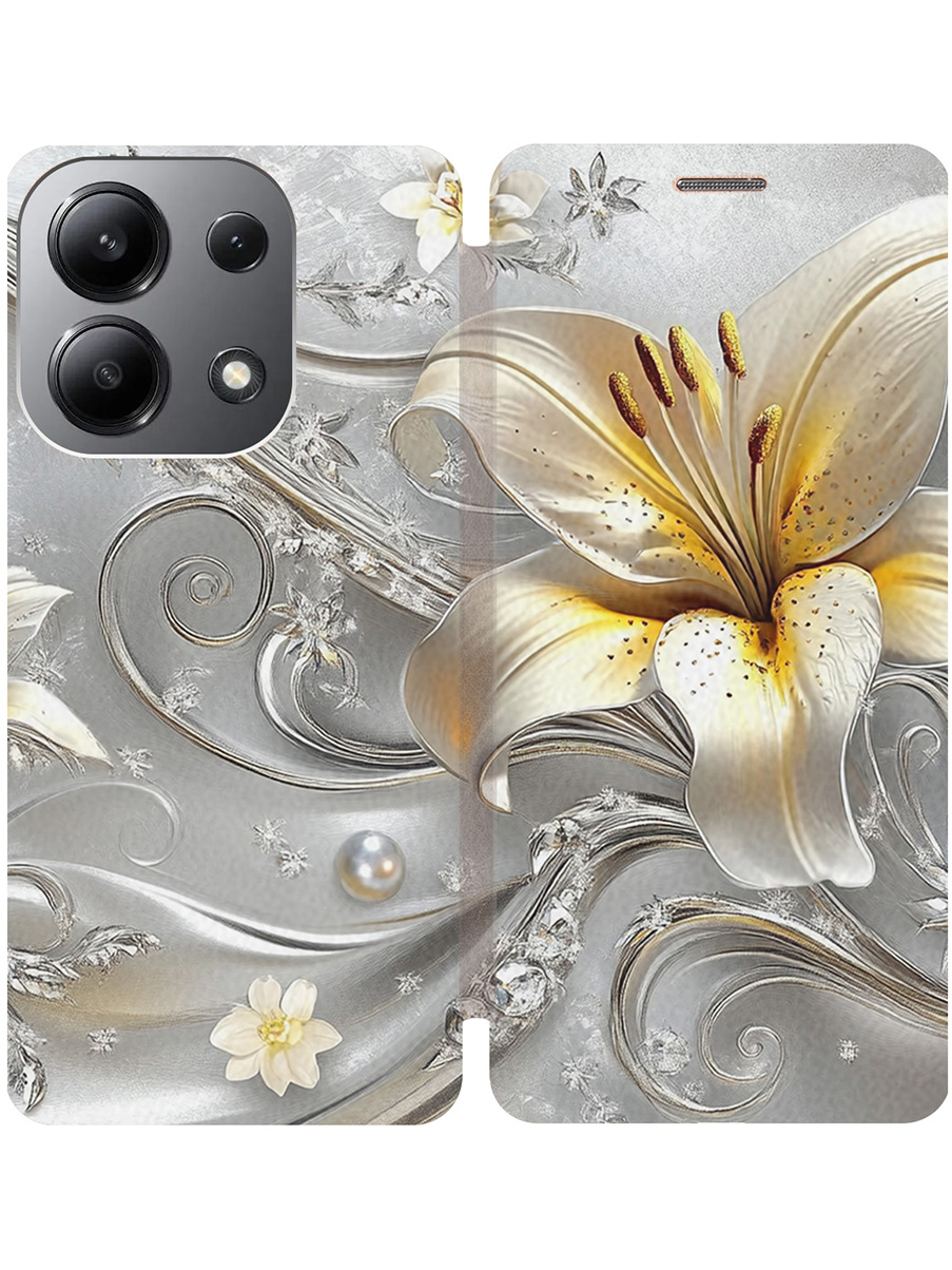 

Чехол-книжка на Xiaomi Redmi Note 13 4G с принтом "Серебристая лилия" золотой, Золотистый;белый;серый;желтый, 782622823