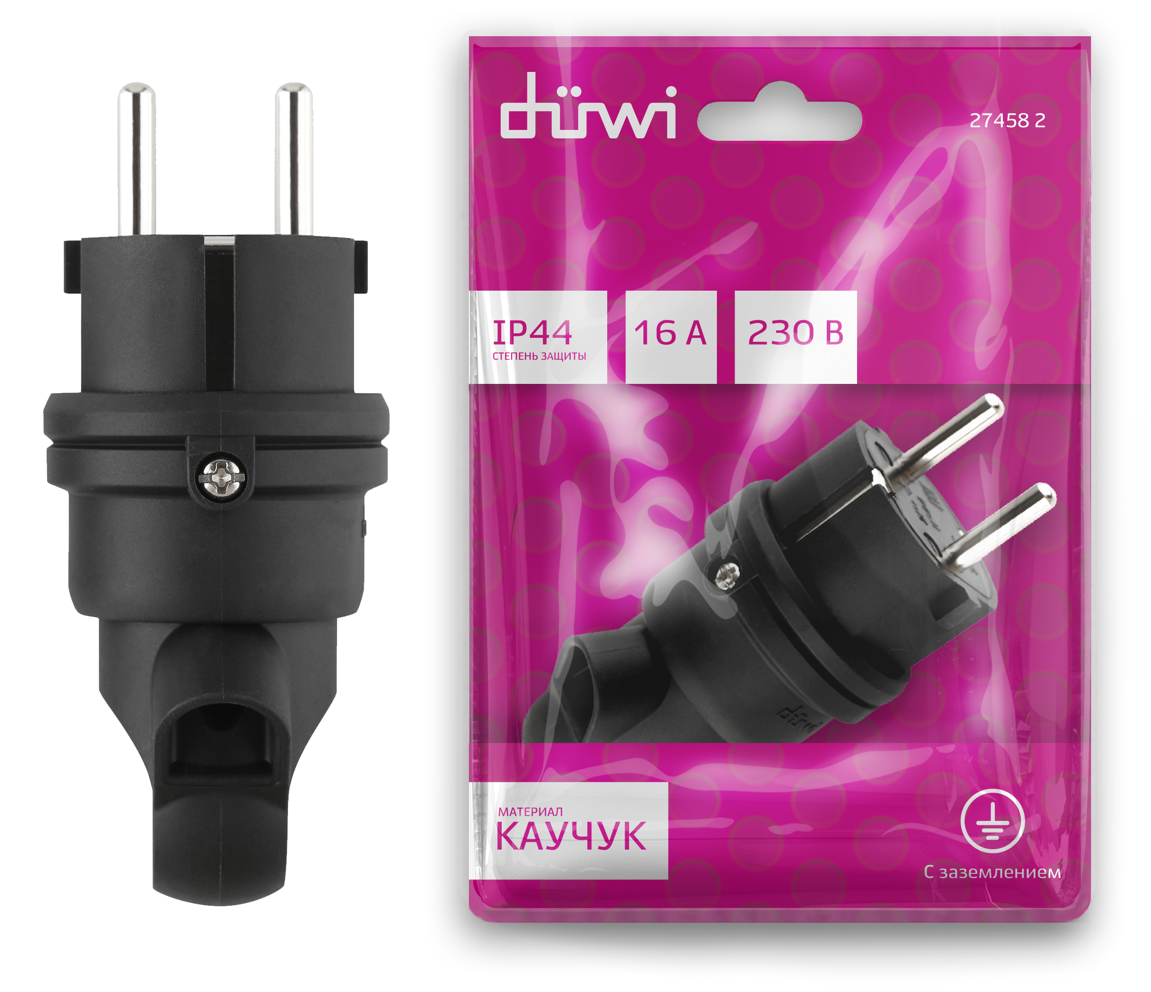 

Вилка Duwi 16A каучуковая 90град с кольцом IP44 черная, с/з, Черный