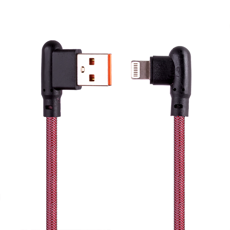 фото Usb кабель lp для apple lightning 8-pin г-коннектор оплетка леска (красный/блистер) liberty project