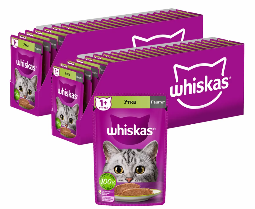 фото Влажный корм whiskas для взрослых кошек, паштет с уткой, 75 г x 48 шт