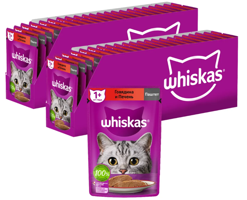 фото Влажный корм whiskas для взрослых кошек, паштет с говядиной и печенью, 75 г x 48 шт