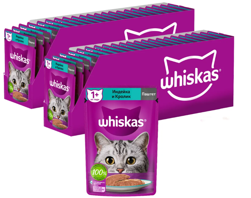 фото Влажный корм whiskas для кошек, паштет с индейкой и кроликом, 48 шт по 75 г