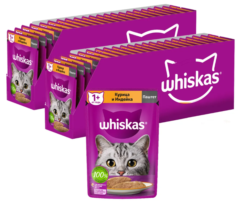 фото Влажный корм whiskas для взрослых кошек, паштет с курицей и индейкой, 75 г x 48 шт