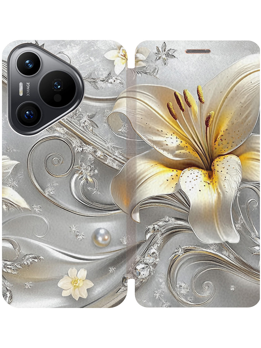 

Чехол-книжка на Huawei Pura 70 с принтом "Серебристая лилия" золотой, Золотистый;белый;серый;желтый, 782624623
