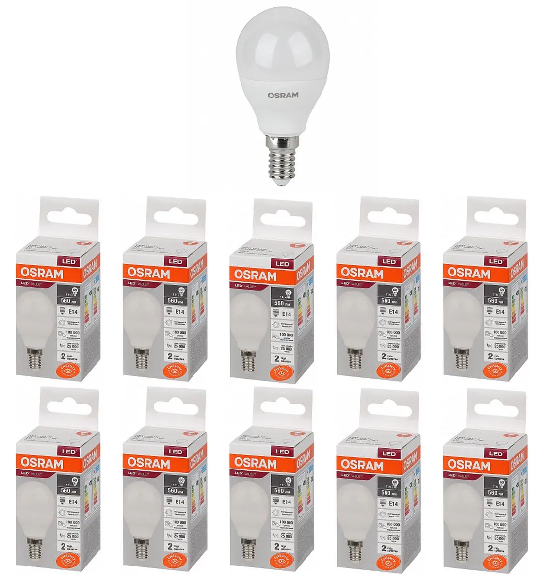 

Лампа LED шар LV CLP 60 7W E14 4000K 560lm мат 89x46,8 Osram, 10 шт.