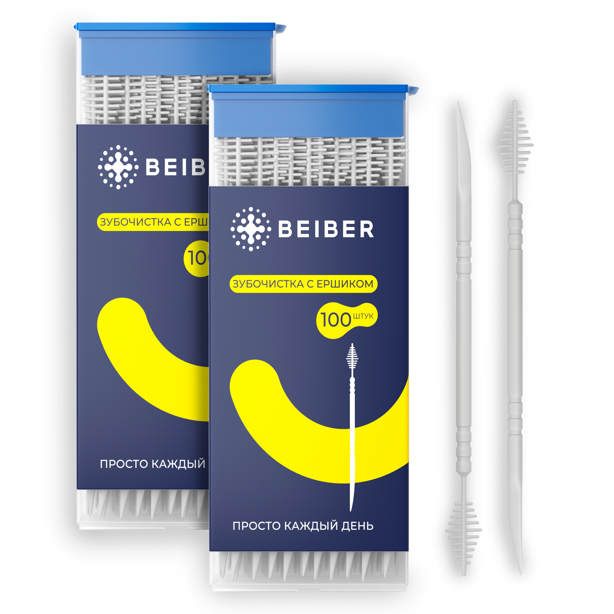 Зубочистки BEIBER пластиковые с ёршиком 2 в 1 200 шт