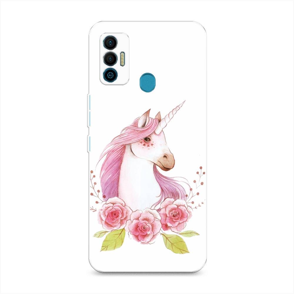 

Чехол для Tecno Spark 7 "Единорог цветы", Белый;розовый;серый, 301050-1