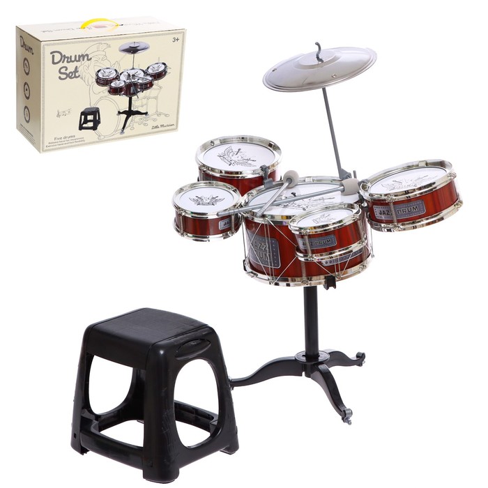 фото Барабанная установка «рок», 5 барабанов, тарелка, палочки, стульчик nobrand