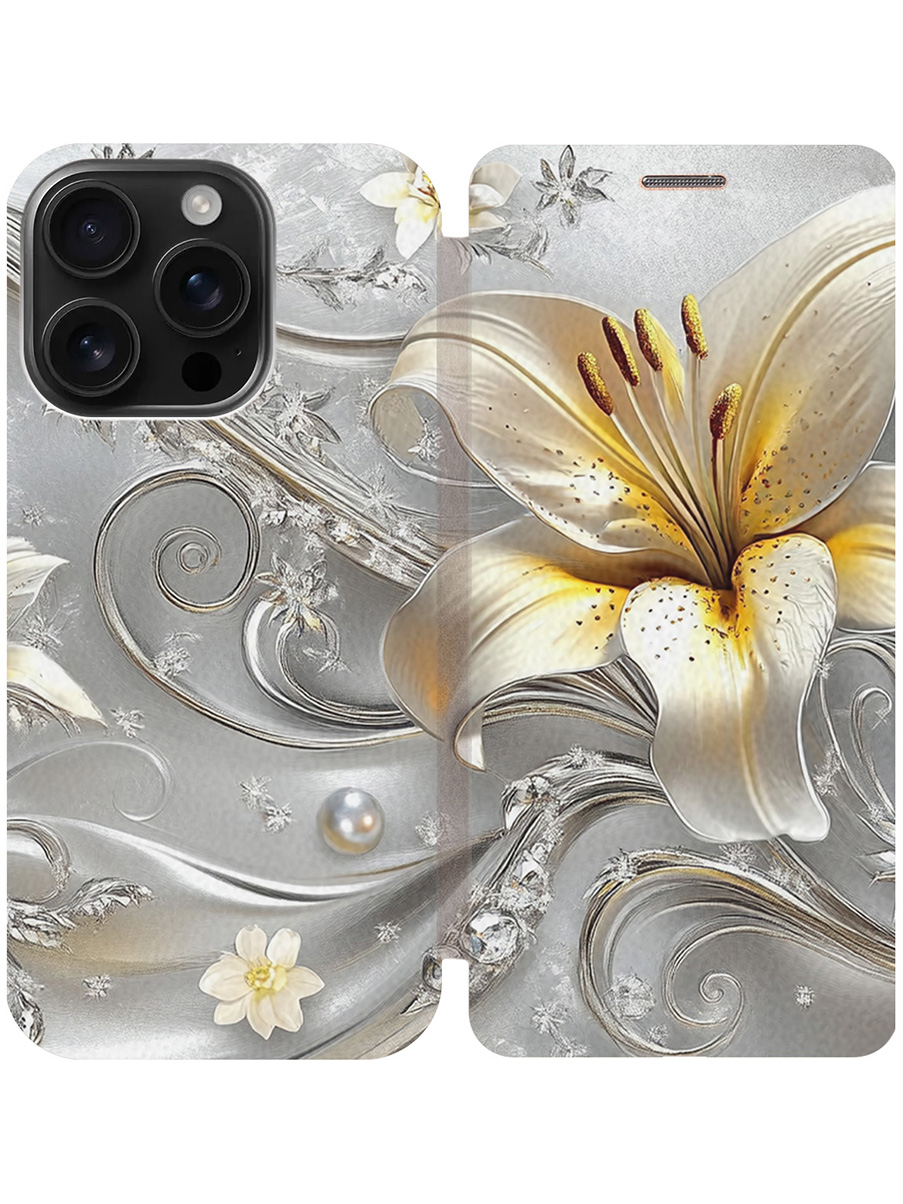 

Чехол-книжка на Apple iPhone 16 Pro с принтом "Серебристая лилия" золотой, Золотистый;белый;серый;желтый, 785197723