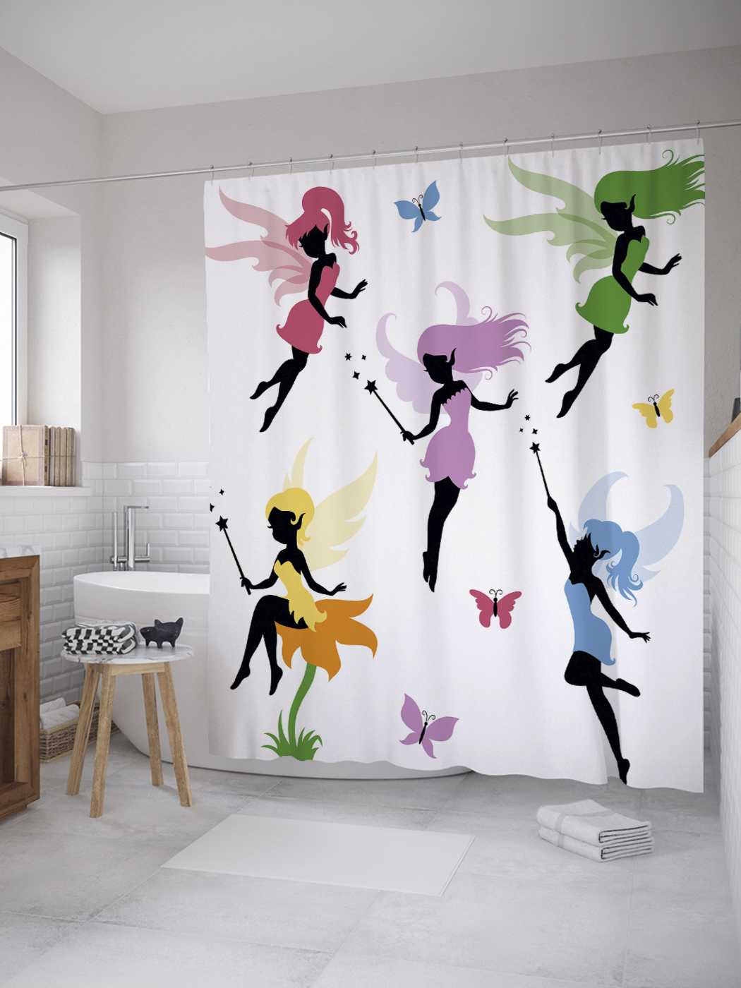 

Штора (занавеска) для ванной JoyArty "Разноцветные феи" из сатена, 180х200 см с крючками, Розовый