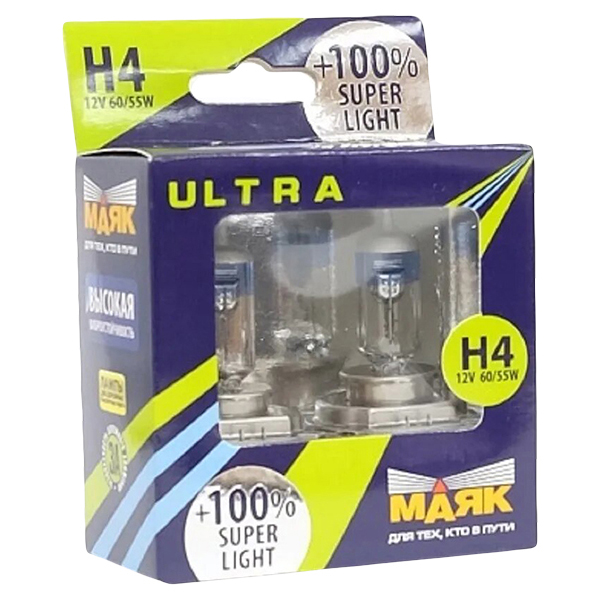 

Лампа Маяк Ультра Super Light H4 60W 2шт 82420SL+100