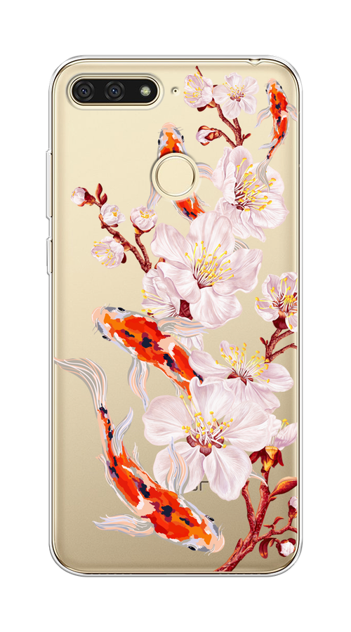 

Чехол на Honor 7C/7A Pro/Huawei Y6 Prime 2018 "Карпы и сакура", Оранжевый;розовый;бежевый;прозрачный, 64550-1