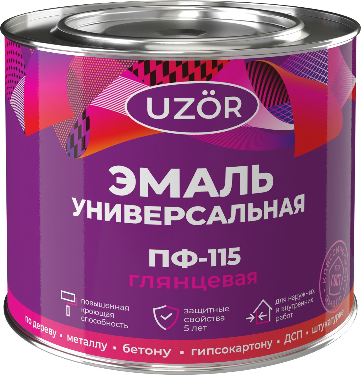 Алкидная эмаль универсальная дерево, металл Узор ПФ-115 глянцевая белая 1,8 кг