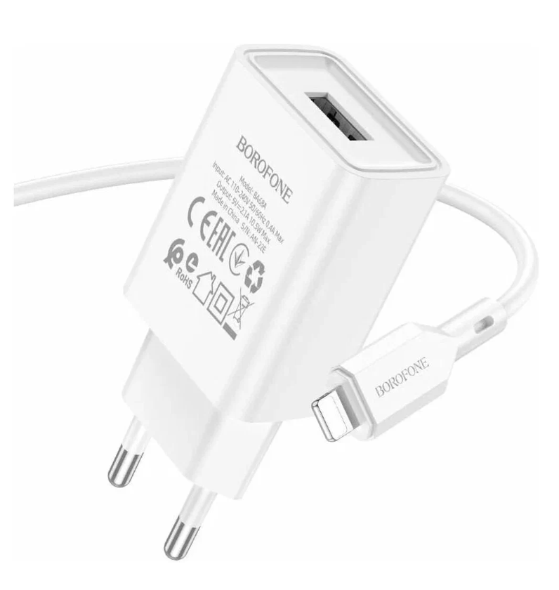 

Сетевое зарядное устройство c USB Borofone, BA68A,+Lightning, белое, 2.1A