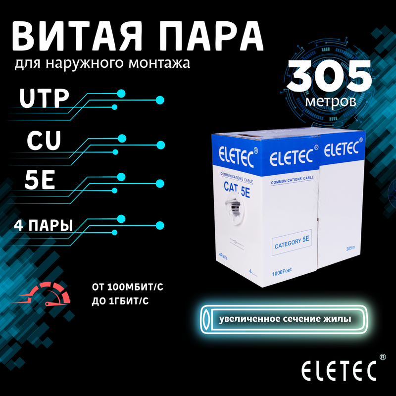 Кабель витая пара UTP 5E Eletec 4x2xAWG24 305м Cu 8 жил (4 пары) для наружной прокладки