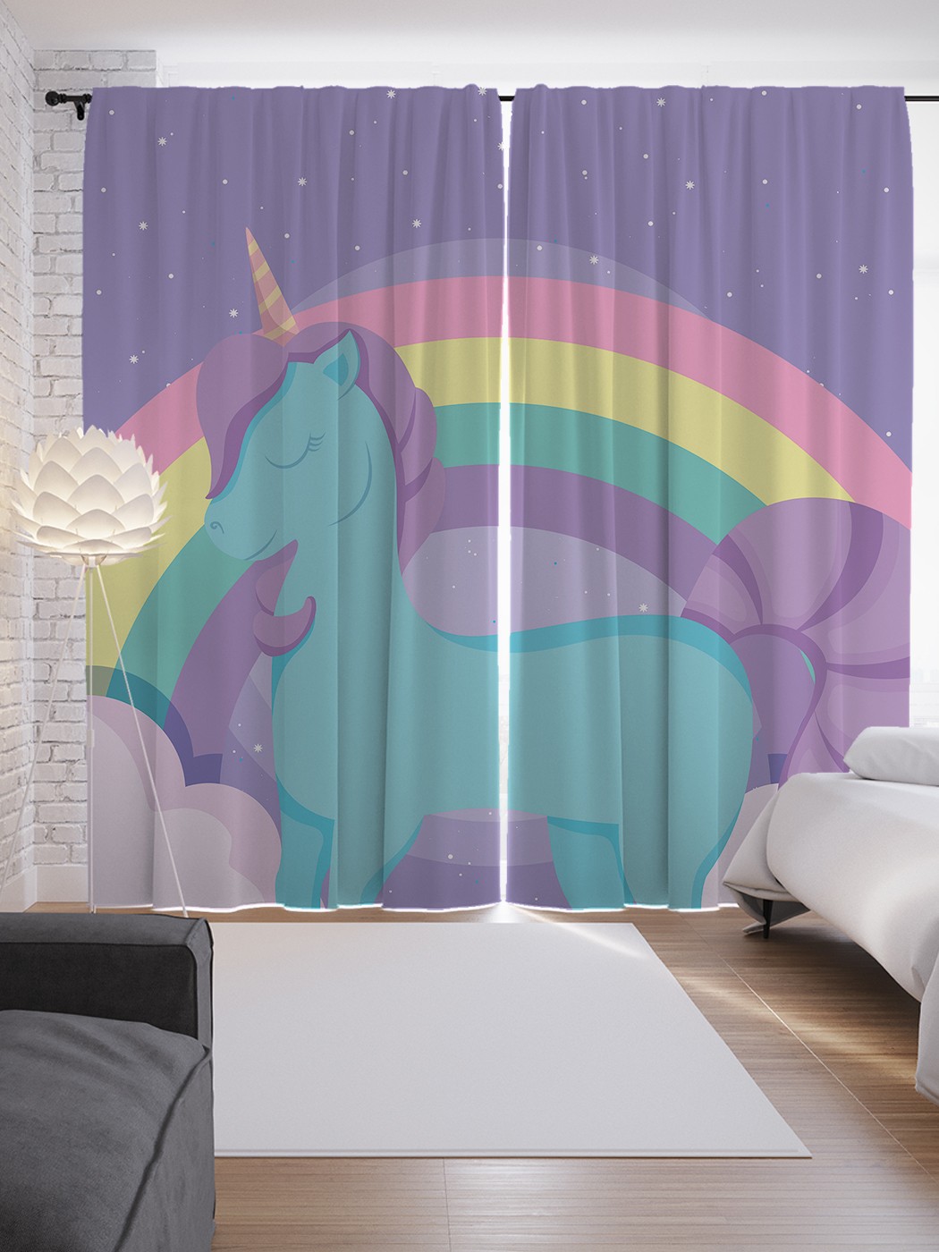 

Шторы с фотопечатью JoyArty "Радуга и единорог" из сатена, 290х265 см, Радуга и единорог