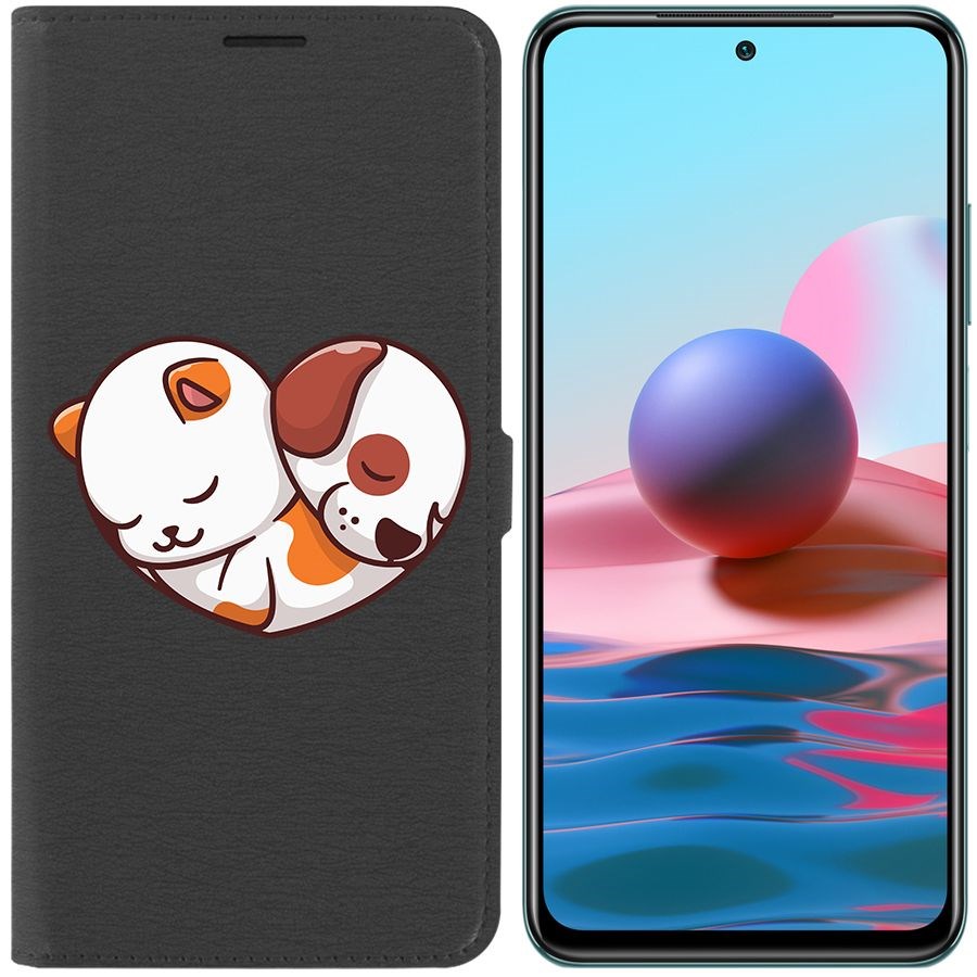 

Чехол-книжка Krutoff Eco Book для Xiaomi Redmi Note 10 Котёнок и Щенок (черный)