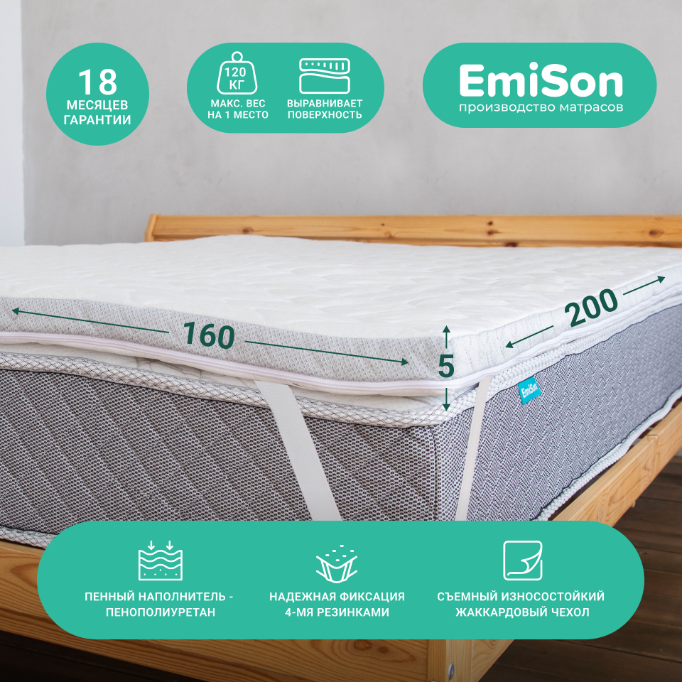 Тонкий матрас Emison Topper 5, 160х200 белый