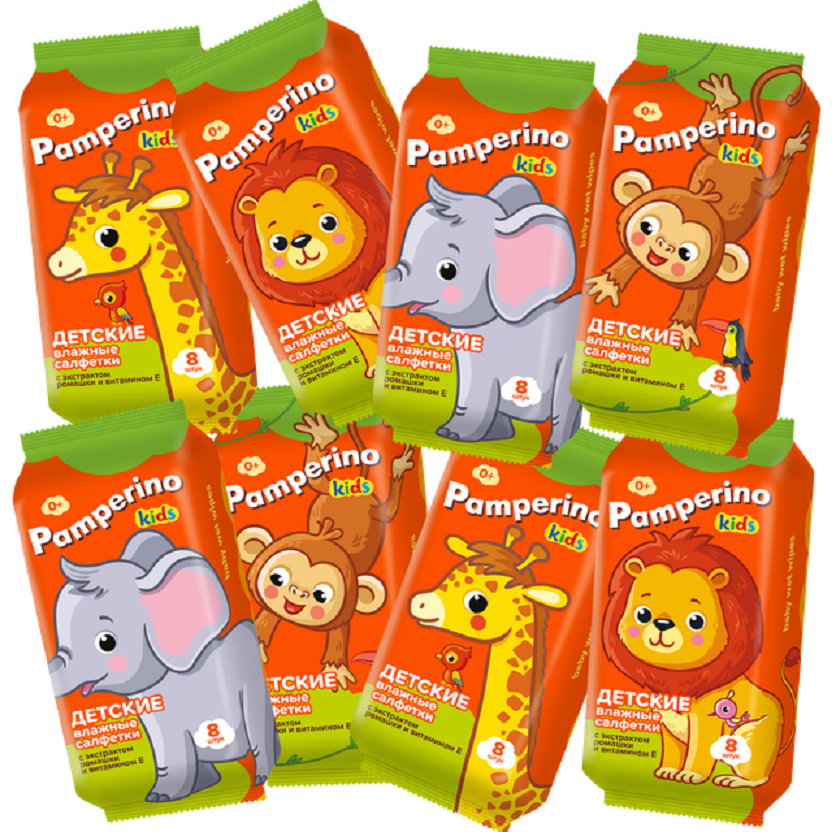 Салфетки влажные Pamperino Kids с ромашкой и витамином Е, 8x8 шт.