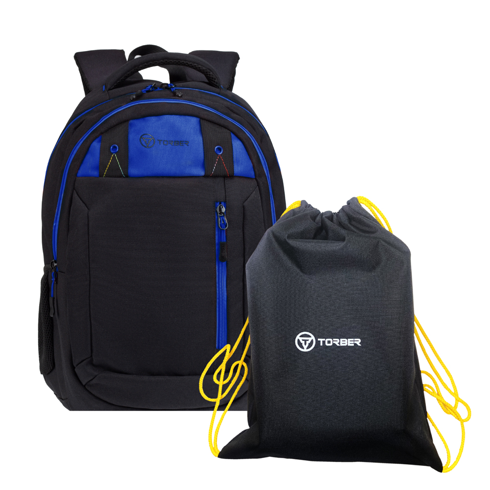 Школьный рюкзак Torber CLASS X синий с мешком для сменной обуви, T5220-22-BLK-BLU-M