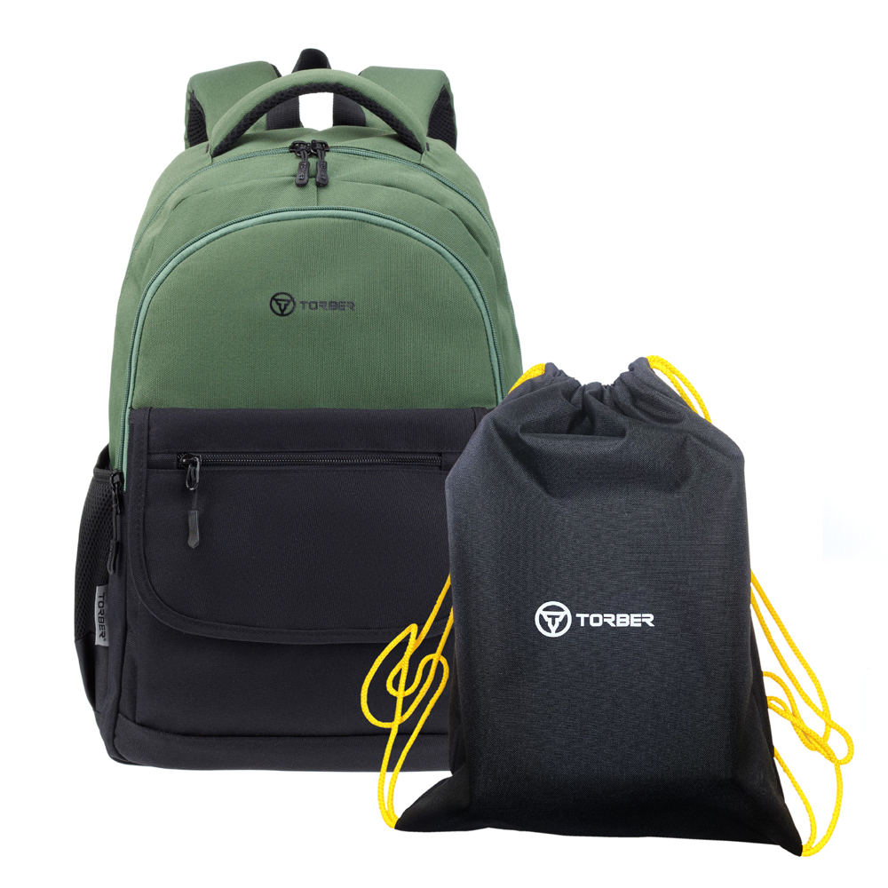Школьный рюкзак Torber CLASS X зеленый с мешком для сменной обуви, T2743-22-GRN-BLK-M
