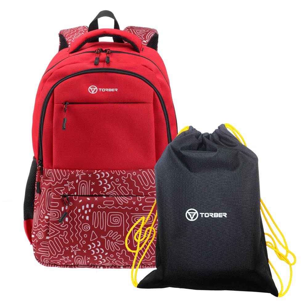 Школьный рюкзак Torber CLASS X красный с мешком для сменной обуви, T2602-22-RED-M