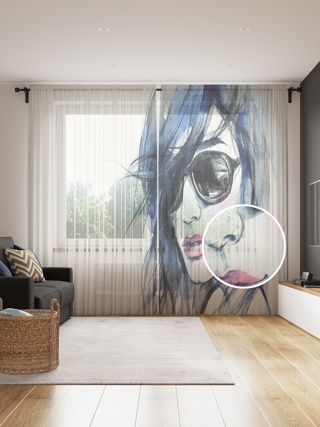 фото Фототюль joyarty "портрет девушки в очках" 145x265см, 2 полотна, лента, 50 крючков