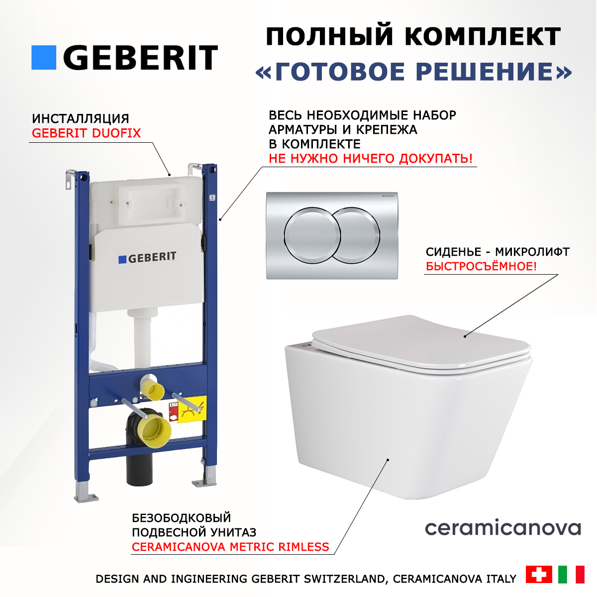 

Комплект инсталляция Geberit Duofix + Унитаз Ceramica Nova Metric + кнопка хром Delta01