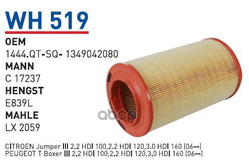 

Фильтр воздушный CITROEN/FIAT/PEUGEOT all Bus 2006-> WUNDER FILTER WH519