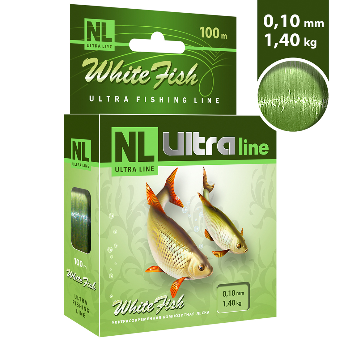Леска AQUA NL ULTRA WHITE FISH (Белая рыба) 100m 0,10mm, светло-зеленая, test - 1,40kg
