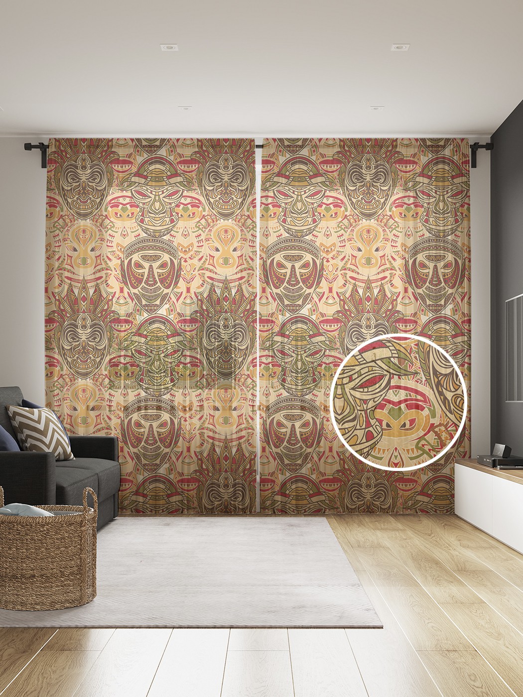 фото Фототюль joyarty "туземные маски", 145x265см (2 полотна со шторной лентой + 50 крючков)