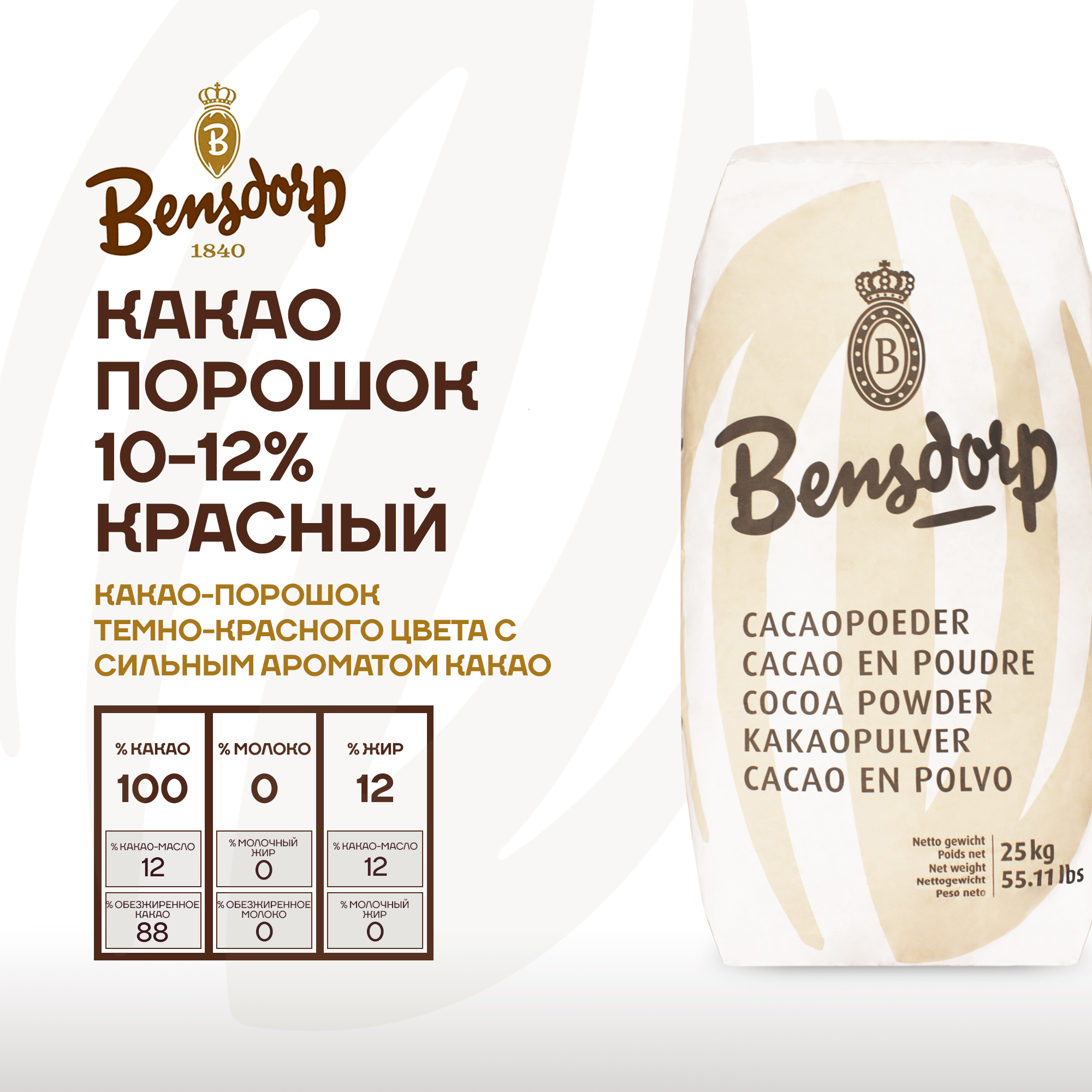 Алкализованный какао порошок Bensdorp 10-12% красный 25 кг