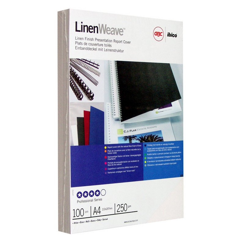 Обложки для переплета картонные GBC белые лен, А4, 250г/м2, 100шт/уп.