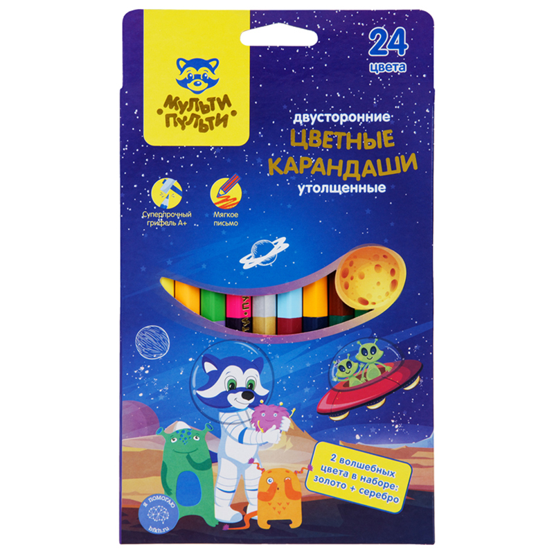 

Карандаши цветные Мульти-Пульти Енот в космосе двусторонние 24 цвета, 12 шт, Разноцветные