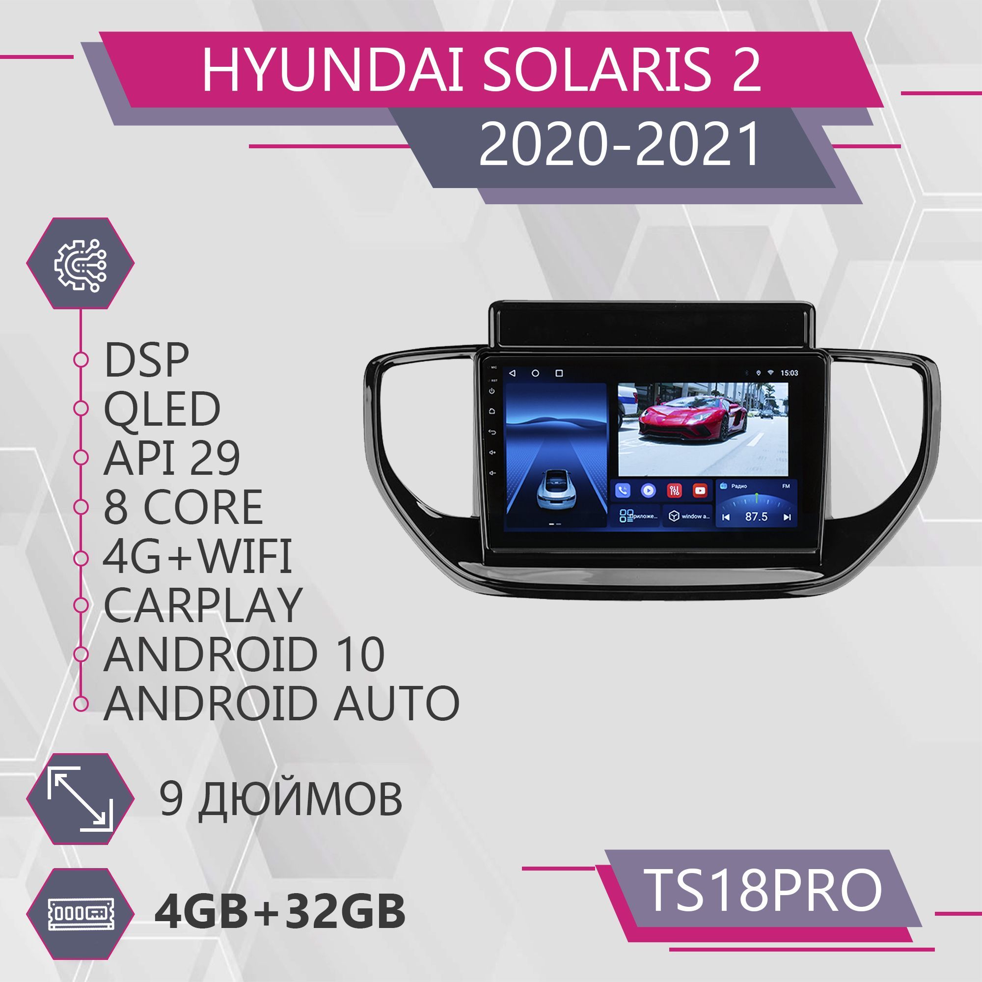 Магнитола Точка Звука TS18Pro для Hyundai Solaris 2/ Хендай Солярис 4+32GB 2din