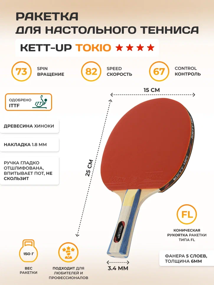 Ракетка для настольного тенниса KETT-UP TOKIO 4 звезды