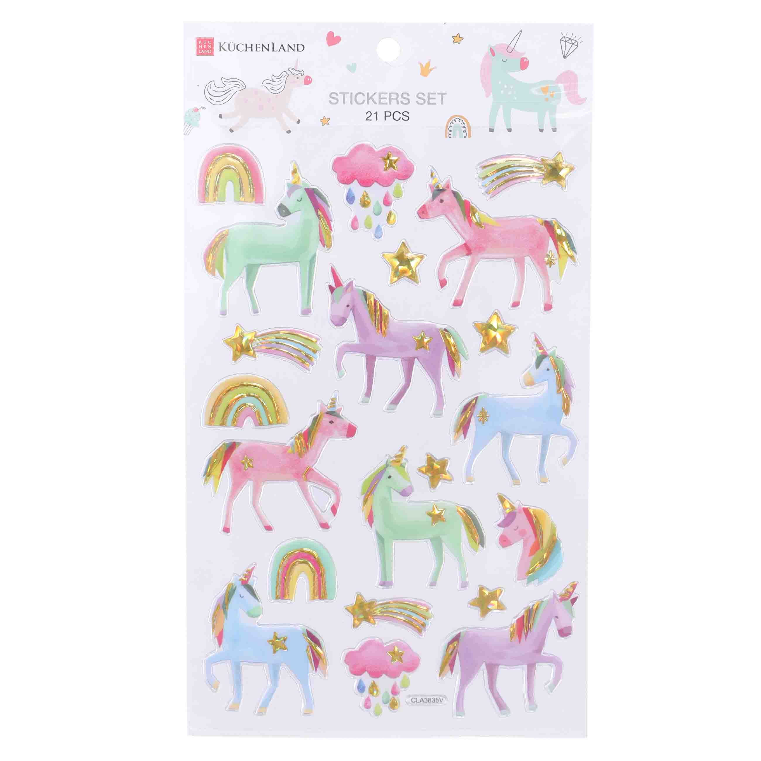 

Набор наклеек, 25х14 см, 21 шт, одноразовые, ПВХ, Единороги, Unicorn
