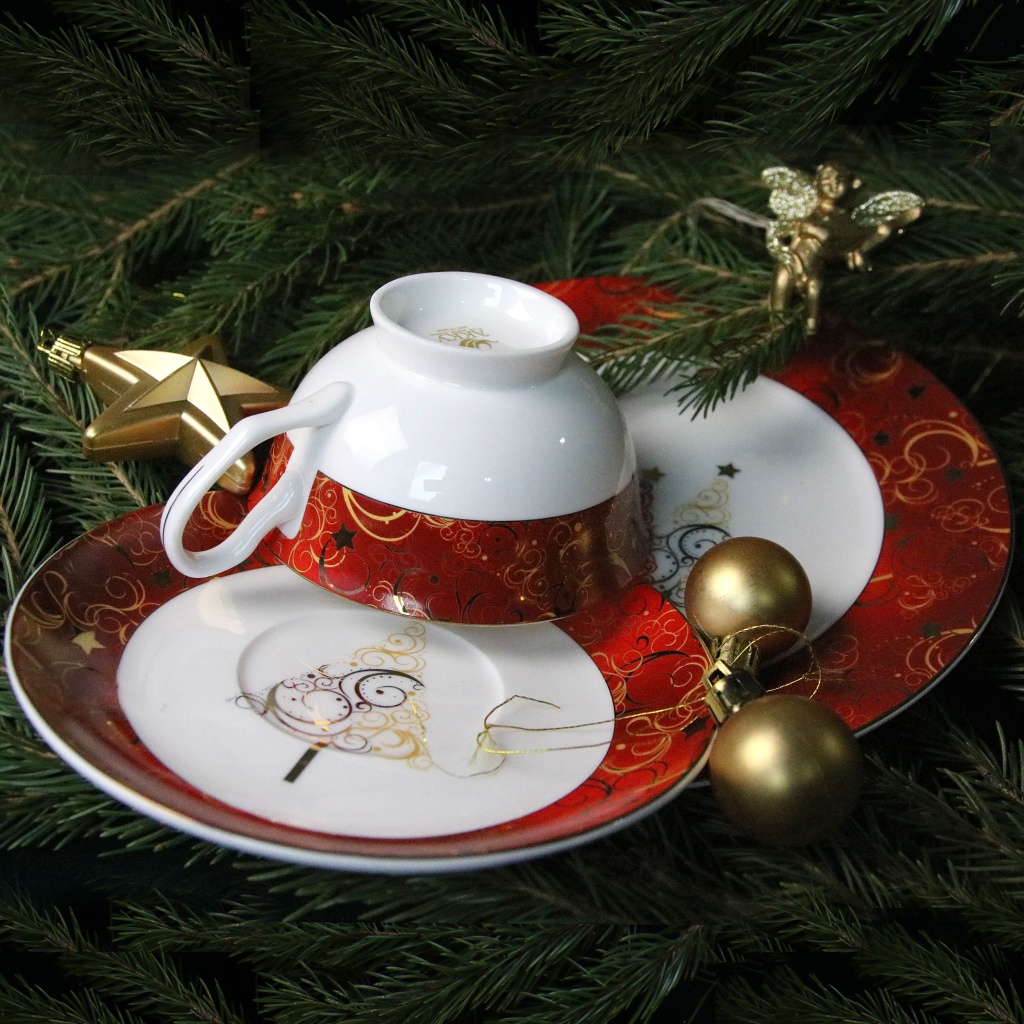 Подарочный набор Новый год АККУ тарелка 21 см + чайная пара костяной фарфор