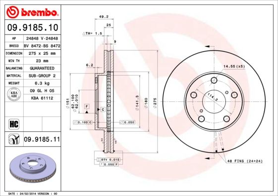 фото Тормозной диск brembo 09.9185.11