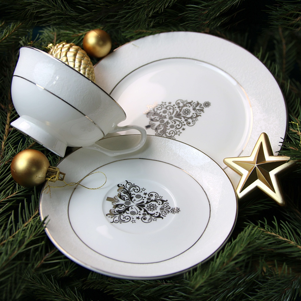 Подарочный набор Новый год АККУ тарелка 21 см + чайная пара (белое золото) костяной фарфор