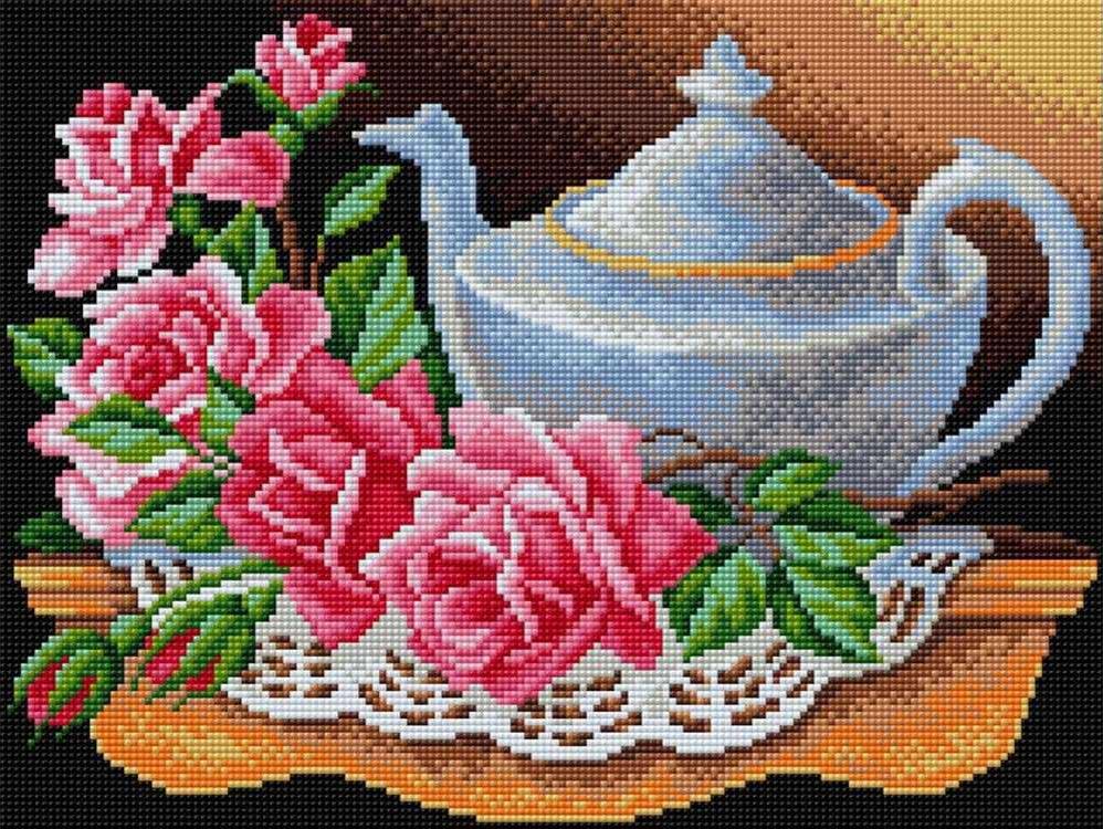 фото Алмазная вышивка вышиваем бисером чайник с розами, 30x40 см