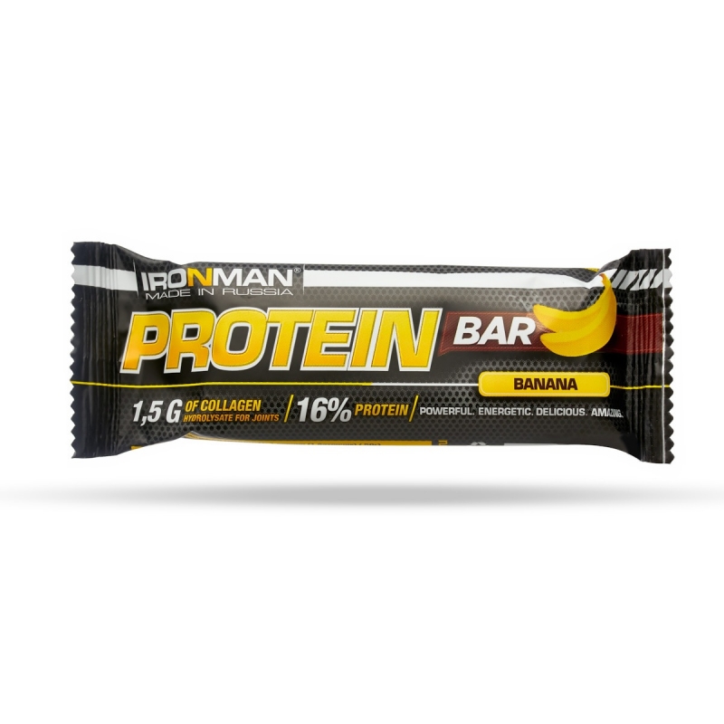 фото "ironman" батончик "protein bar" с коллагеном, 50г (банан/тёмная глазурь)