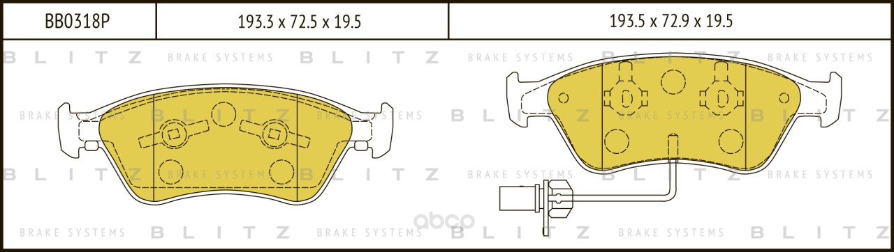 

Тормозные колодки BLITZ передние с датчиком для Audi A8 02-/Volkswagen Phaeton 03- BB0318P