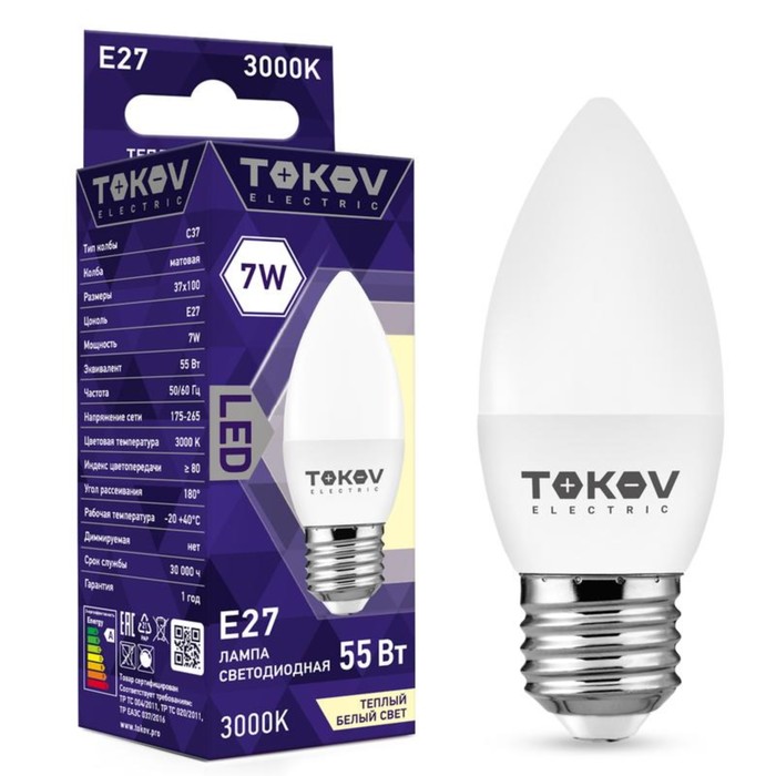 

Лампа светодиодная TOKOV ELECTRIC, 7 Вт, С37, 3000 К, Е27, 176-264В